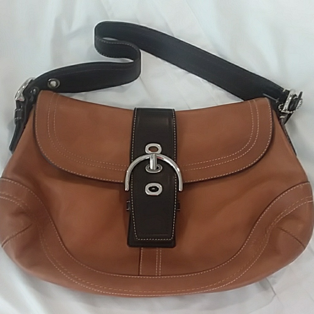 Brown and tan Coach shoulder bag